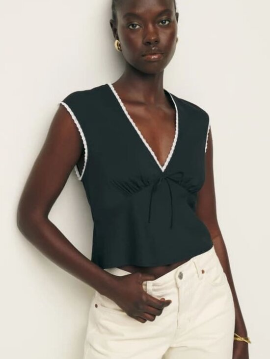 Reformation Tops - Reformation Cherry Top Black Lace Trim V Neck Tie Front 0